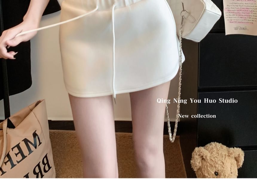 Mock Two-Piece High Waist Lace Panel Mini Flared Skirt