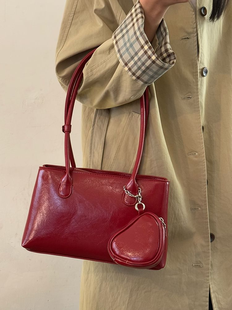 Set: Faux Leather Shoulder Bag + Pouch
