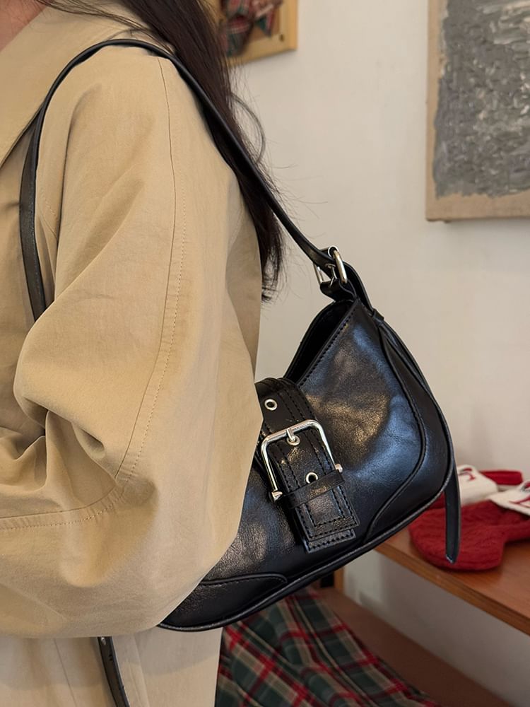 Faux Leather Buckled Hobo Bag