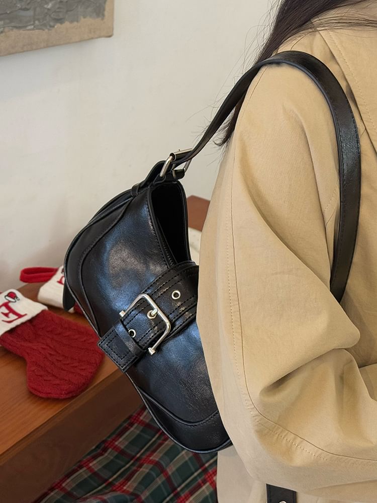 Faux Leather Buckled Hobo Bag