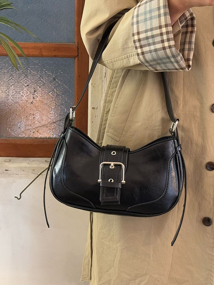 Faux Leather Buckled Hobo Bag