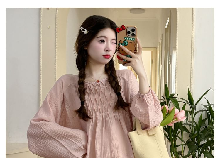 Maternity Long Sleeve Crew Neck Pintuck Blouse with High Rise Midi Flared Skirt Set