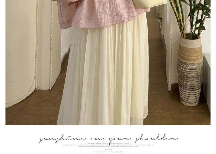 Maternity Long Sleeve Crew Neck Pintuck Blouse with High Rise Midi Flared Skirt Set
