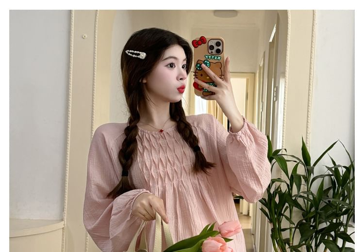 Maternity Long Sleeve Crew Neck Pintuck Blouse with High Rise Midi Flared Skirt Set