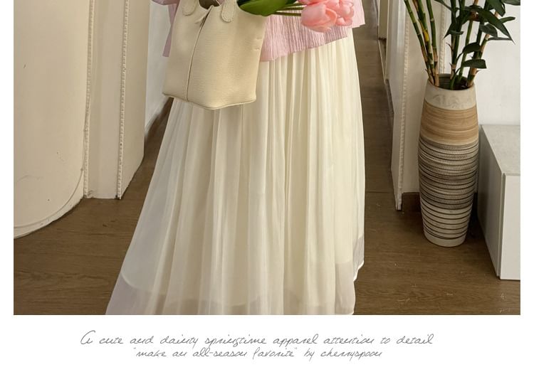 Maternity Long Sleeve Crew Neck Pintuck Blouse with High Rise Midi Flared Skirt Set