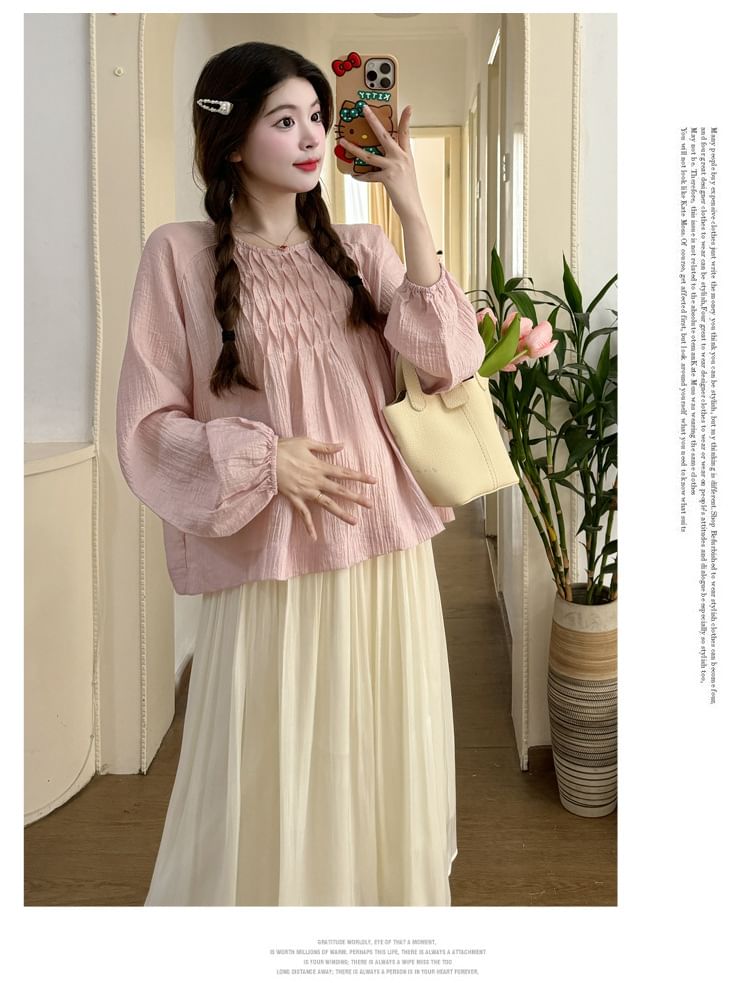 Maternity Long Sleeve Crew Neck Pintuck Blouse with High Rise Midi Flared Skirt Set
