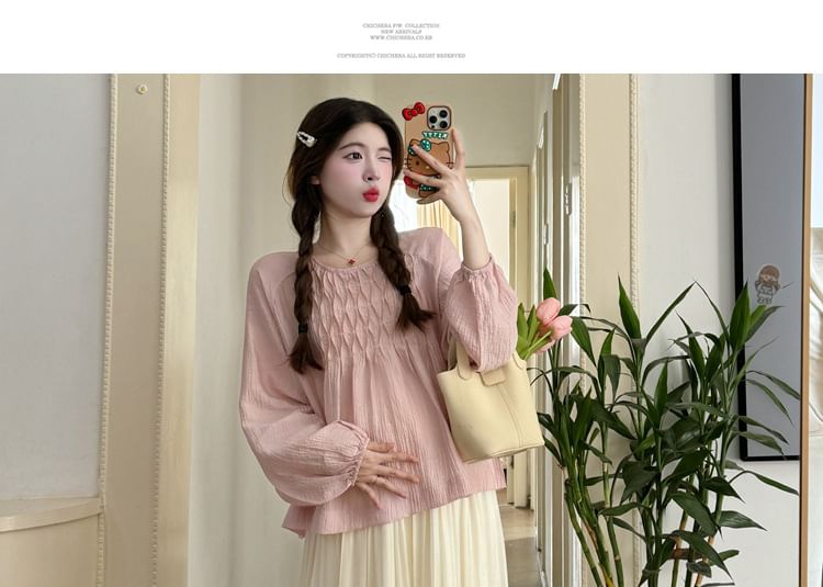 Maternity Long Sleeve Crew Neck Pintuck Blouse with High Rise Midi Flared Skirt Set
