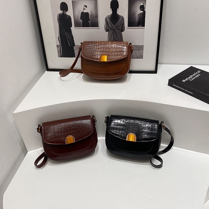Croc Grain Faux Leather Flap Shoulder Bag