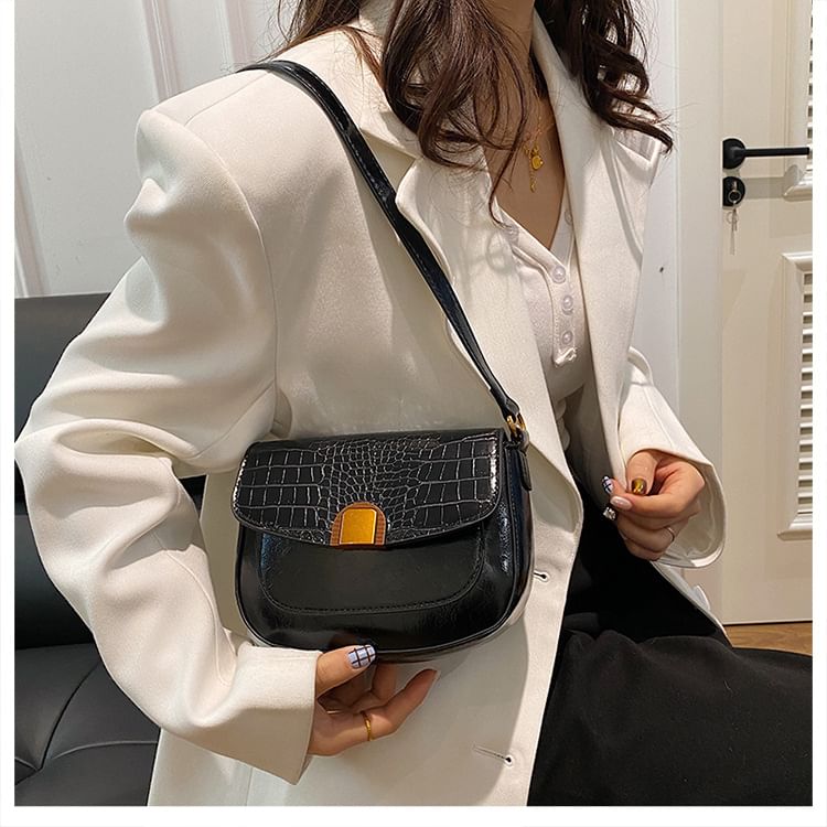 Croc Grain Faux Leather Flap Shoulder Bag
