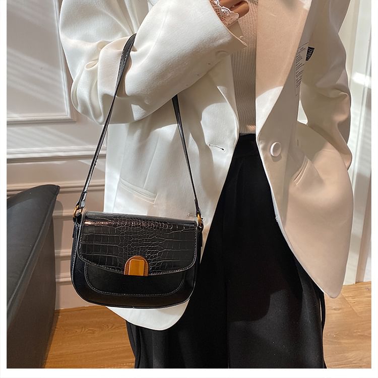 Croc Grain Faux Leather Flap Shoulder Bag