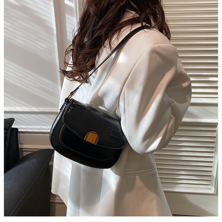 Croc Grain Faux Leather Flap Shoulder Bag