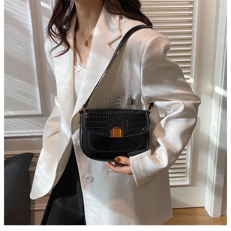 Croc Grain Faux Leather Flap Shoulder Bag