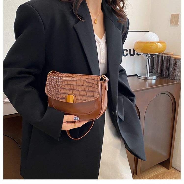 Croc Grain Faux Leather Flap Shoulder Bag