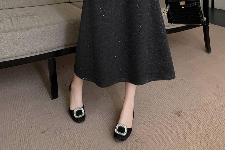 Glittery Flared Midi Skirt with High Waist