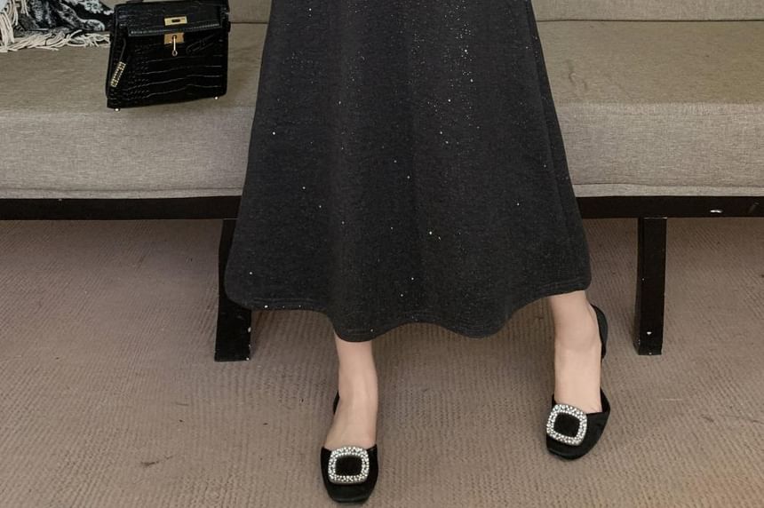 Glittery Flared Midi Skirt with High Waist