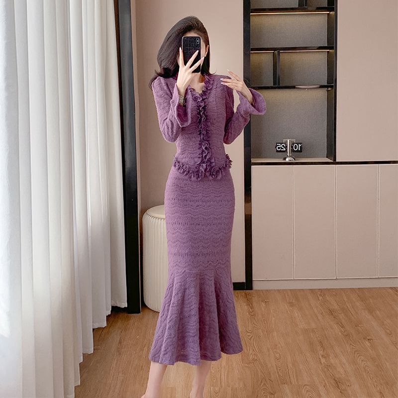 Long Sleeve V-Neck Ruffled Blouse with High Waist Mermaid Midi Skirt Set