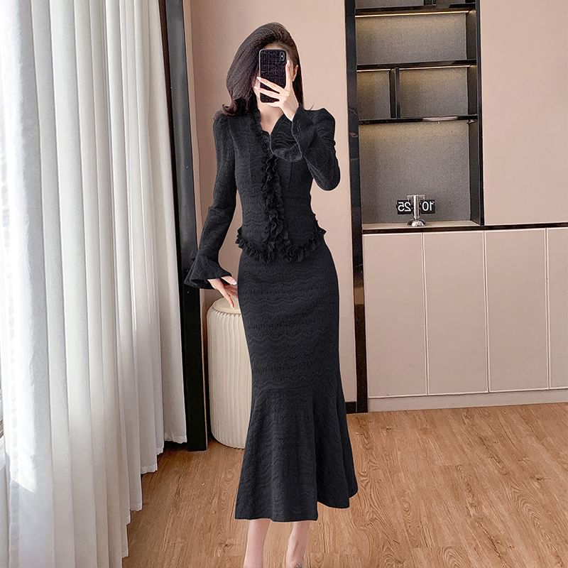 Long Sleeve V-Neck Ruffled Blouse with High Waist Mermaid Midi Skirt Set