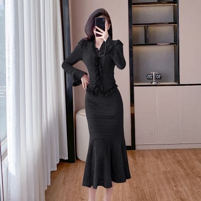 Long Sleeve V-Neck Ruffled Blouse with High Waist Mermaid Midi Skirt Set