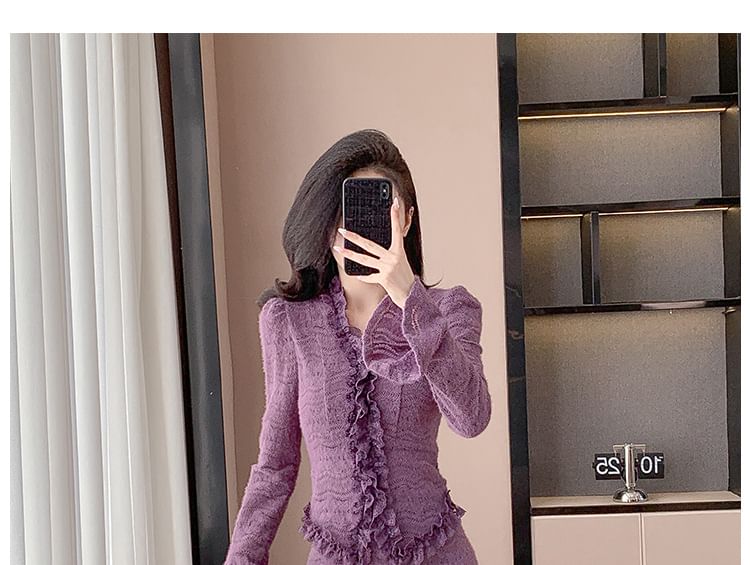 Long Sleeve V-Neck Ruffled Blouse with High Waist Mermaid Midi Skirt Set