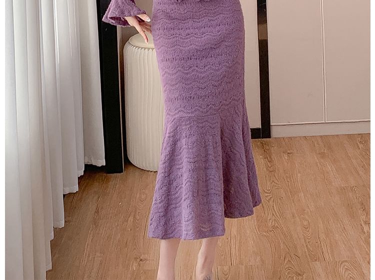 Long Sleeve V-Neck Ruffled Blouse with High Waist Mermaid Midi Skirt Set