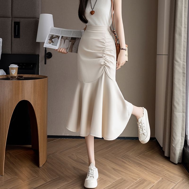 High Rise Ruched Midi Fishtail Skirt