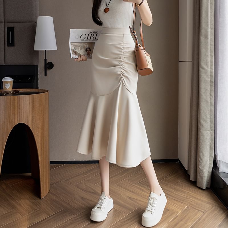 High Rise Ruched Midi Fishtail Skirt