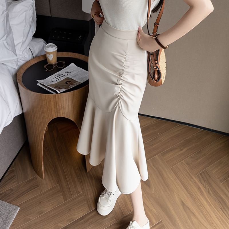 High Rise Ruched Midi Fishtail Skirt
