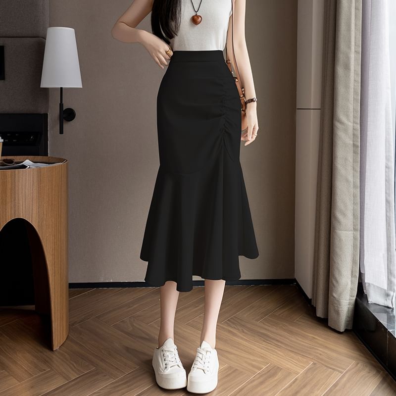 High Rise Ruched Midi Fishtail Skirt