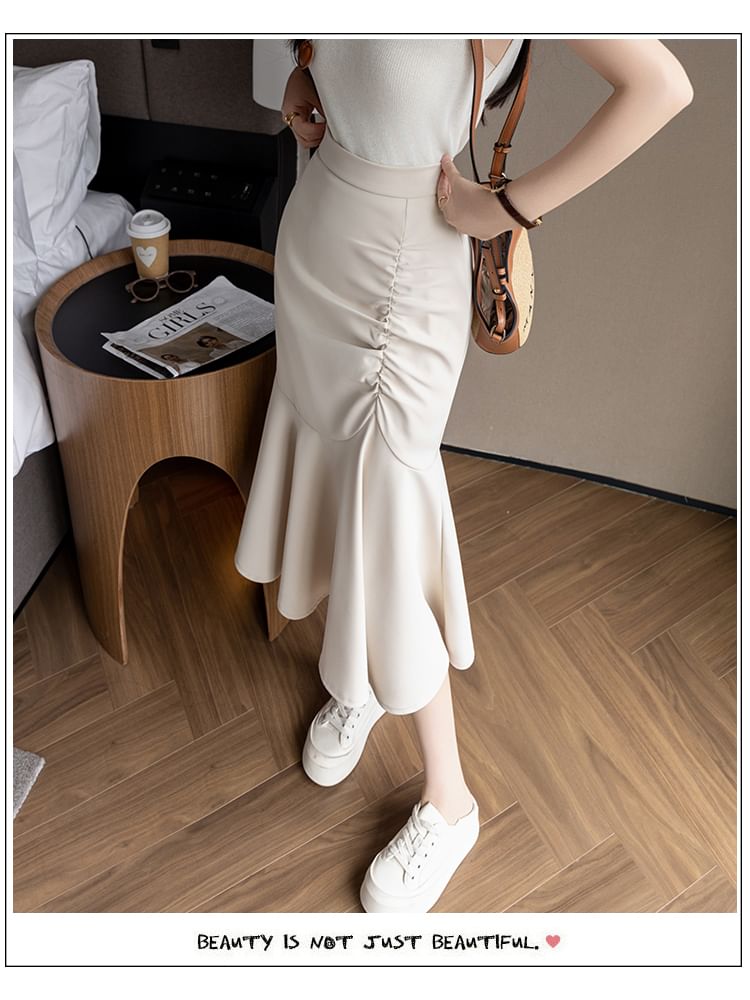 High Rise Ruched Midi Fishtail Skirt