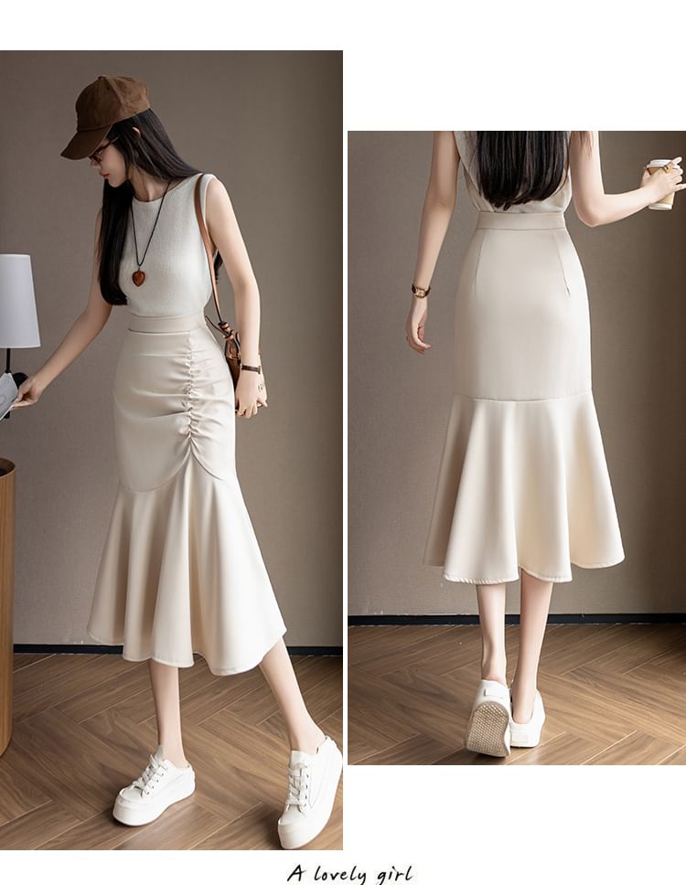 High Rise Ruched Midi Fishtail Skirt