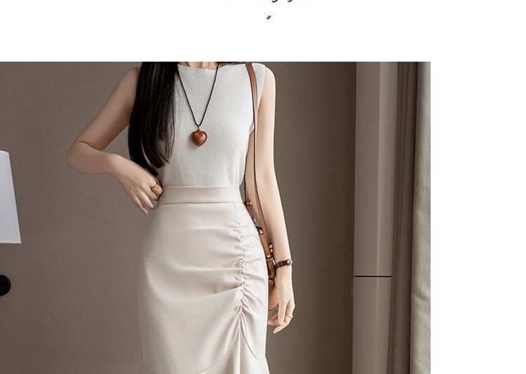 High Rise Ruched Midi Fishtail Skirt