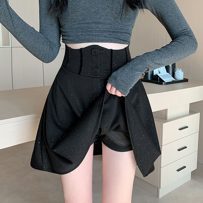 High Rise Glitter Button Mini Flared Skirt