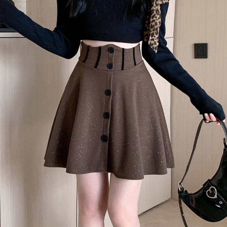 High Rise Glitter Button Mini Flared Skirt