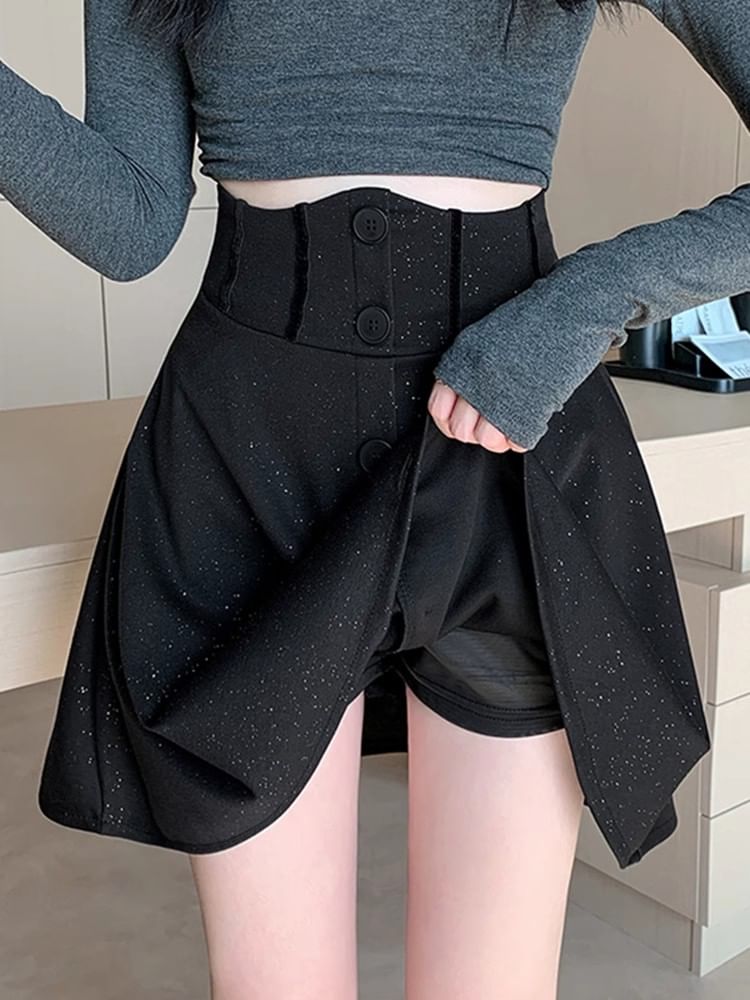 High Rise Glitter Button Mini Flared Skirt