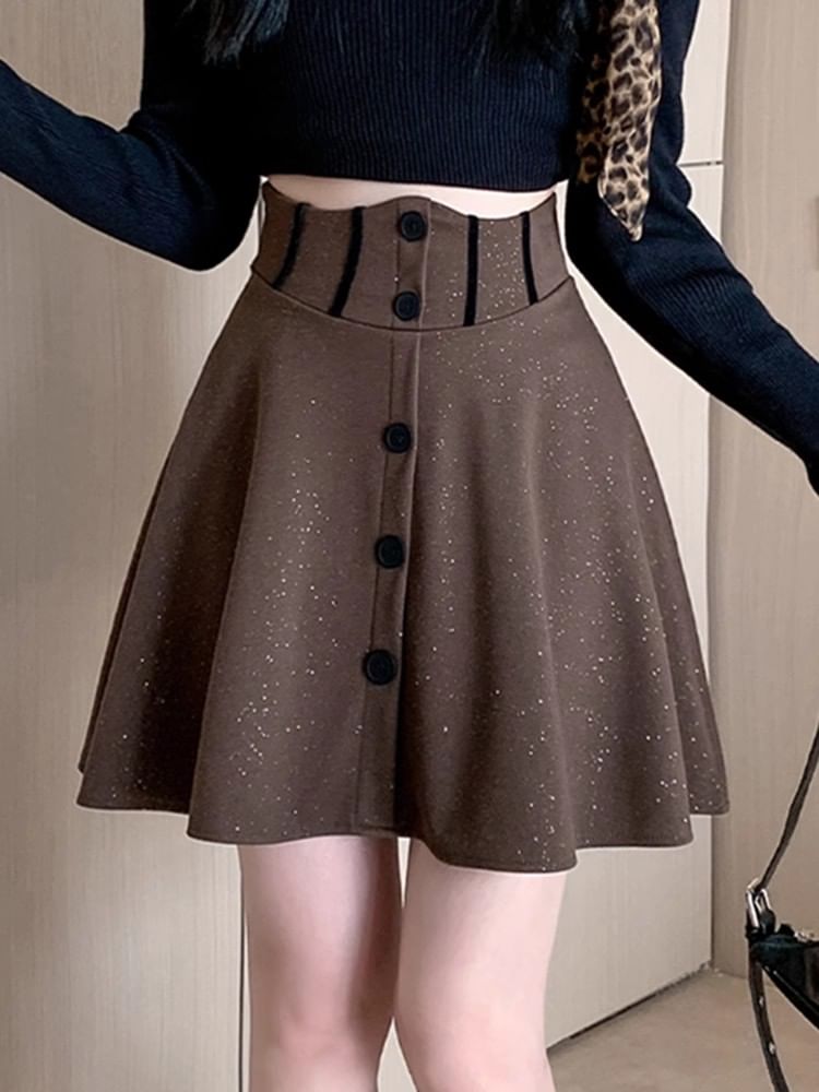 High Rise Glitter Button Mini Flared Skirt