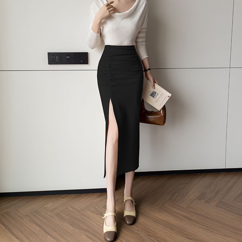 High Rise Ruched Slit Midi Pencil Skirt