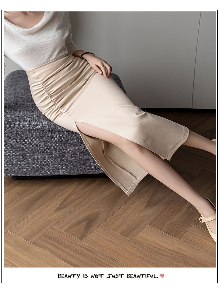 High Rise Ruched Slit Midi Pencil Skirt