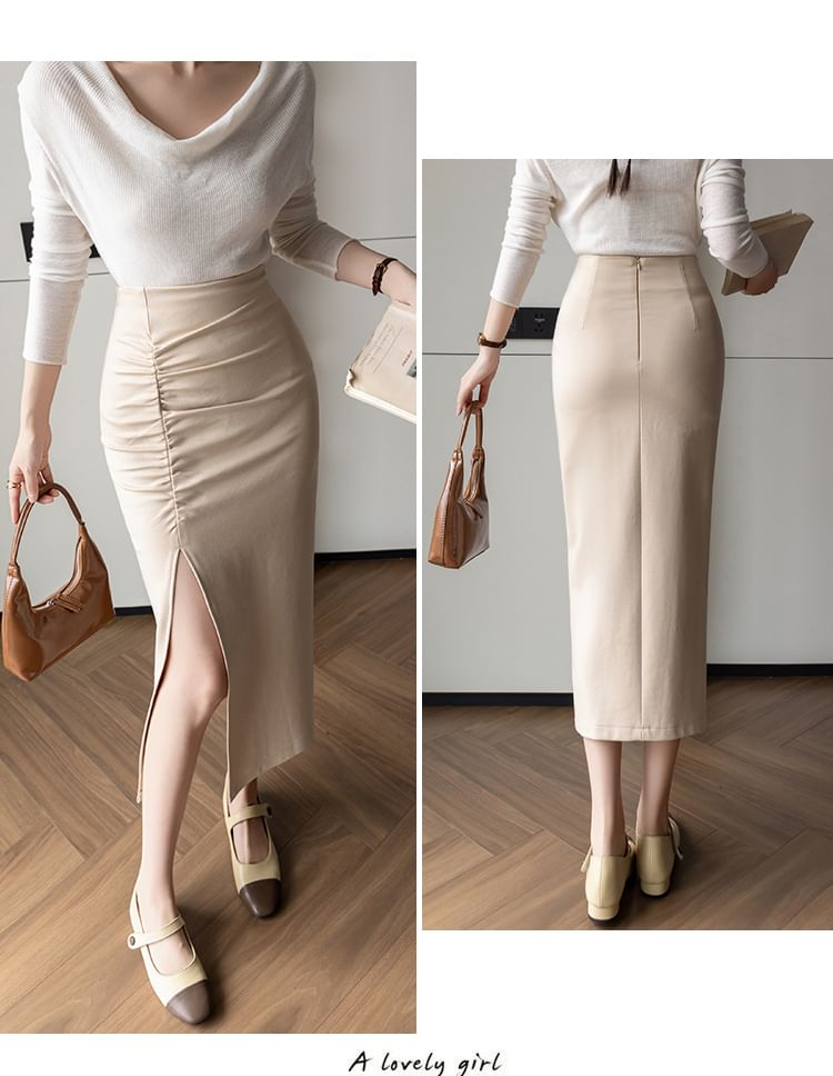 High Rise Ruched Slit Midi Pencil Skirt