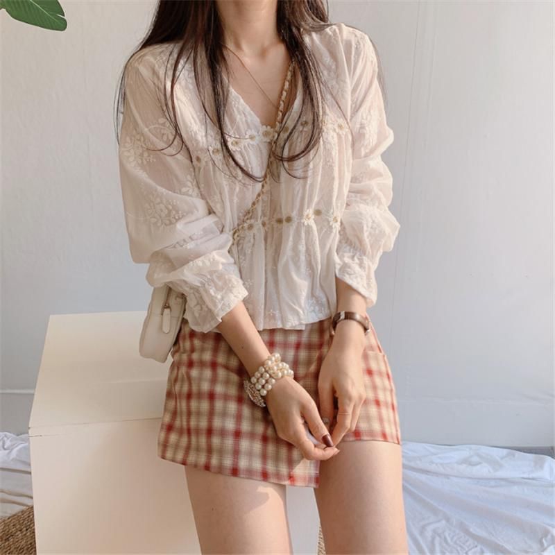 Chiffon V-Neck Blouse and Plaid Flared Mini Skirt Ensemble