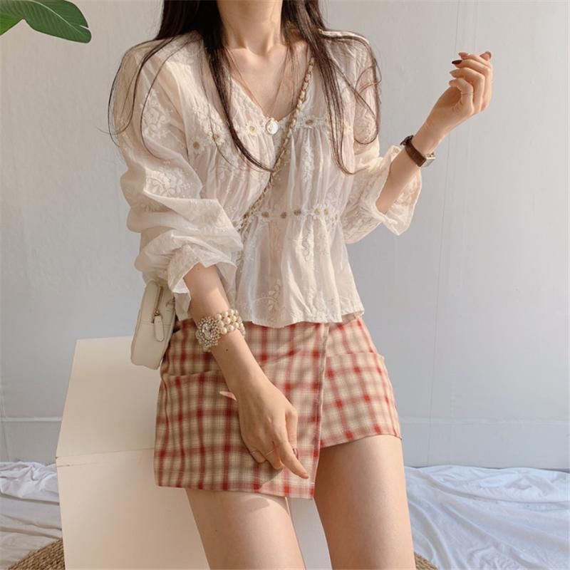Chiffon V-Neck Blouse and Plaid Flared Mini Skirt Ensemble