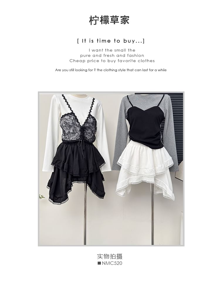 Asymmetrical Lace-Trim Mini Skirt