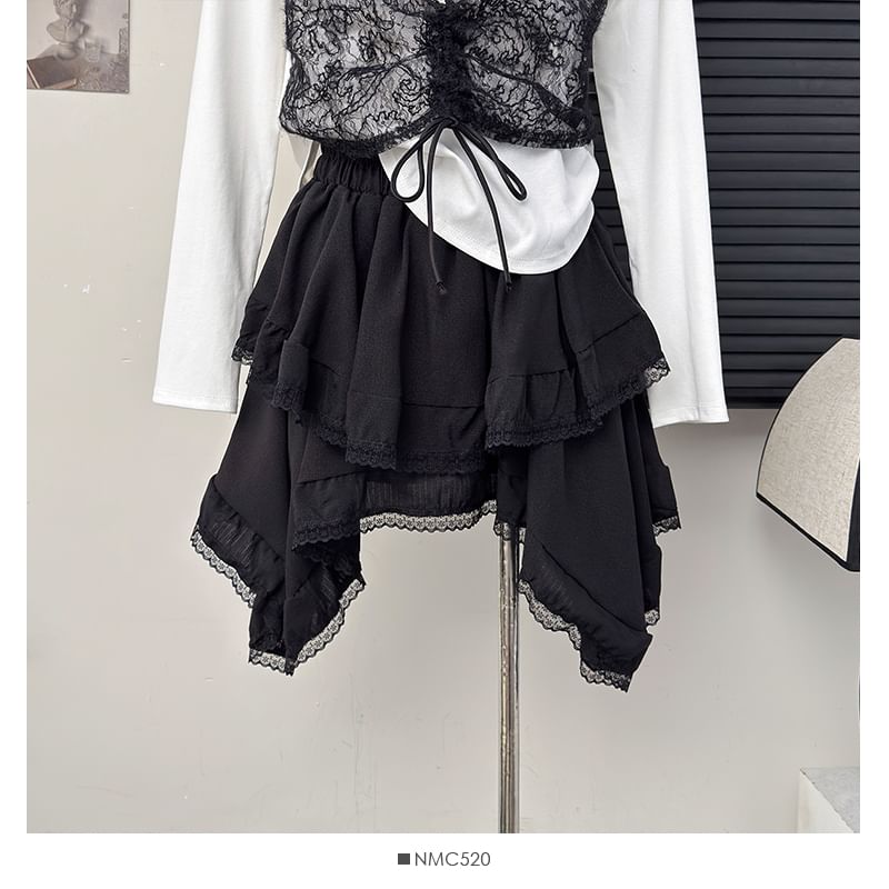 Asymmetrical Lace-Trim Mini Skirt