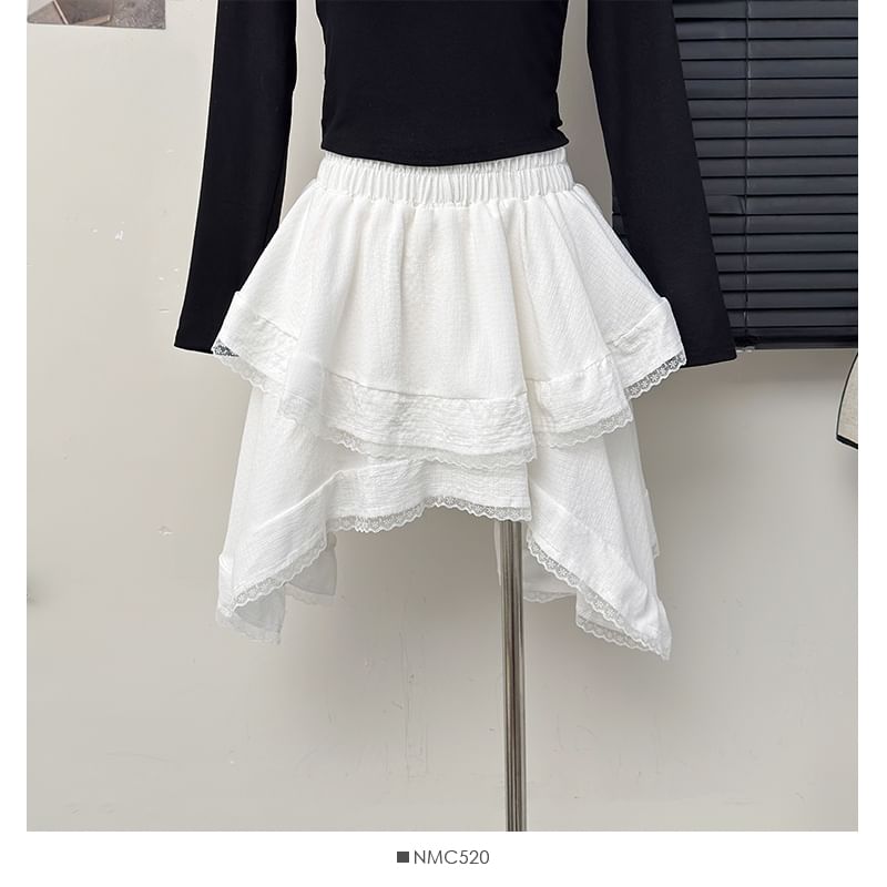 Asymmetrical Lace-Trim Mini Skirt