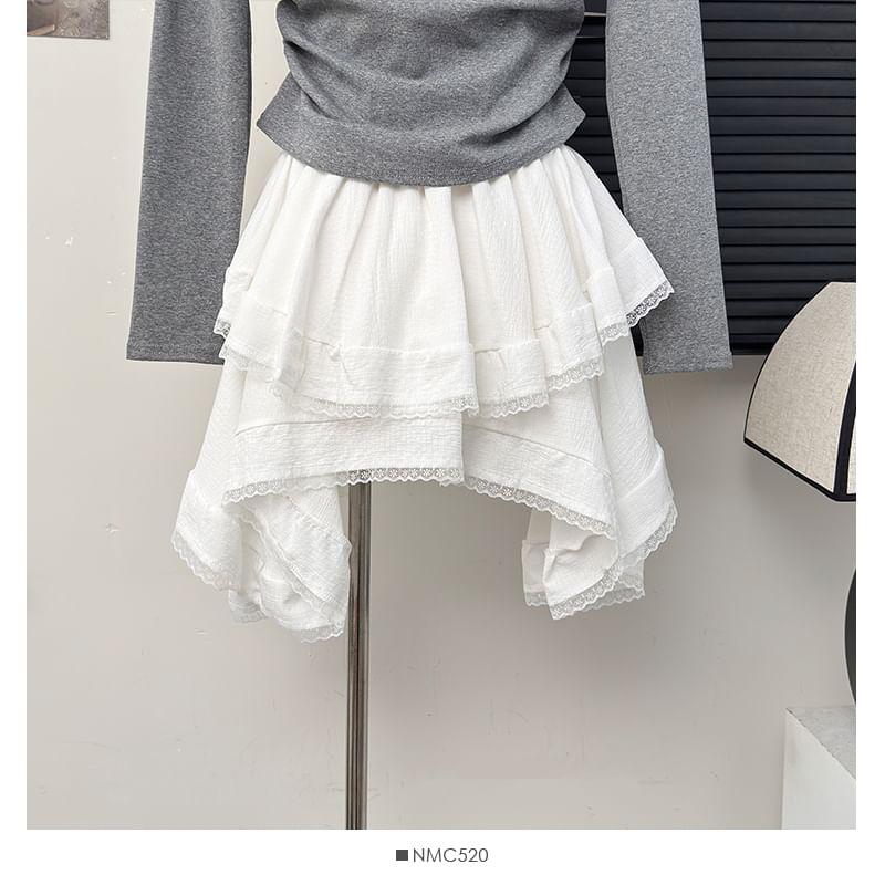 Asymmetrical Lace-Trim Mini Skirt