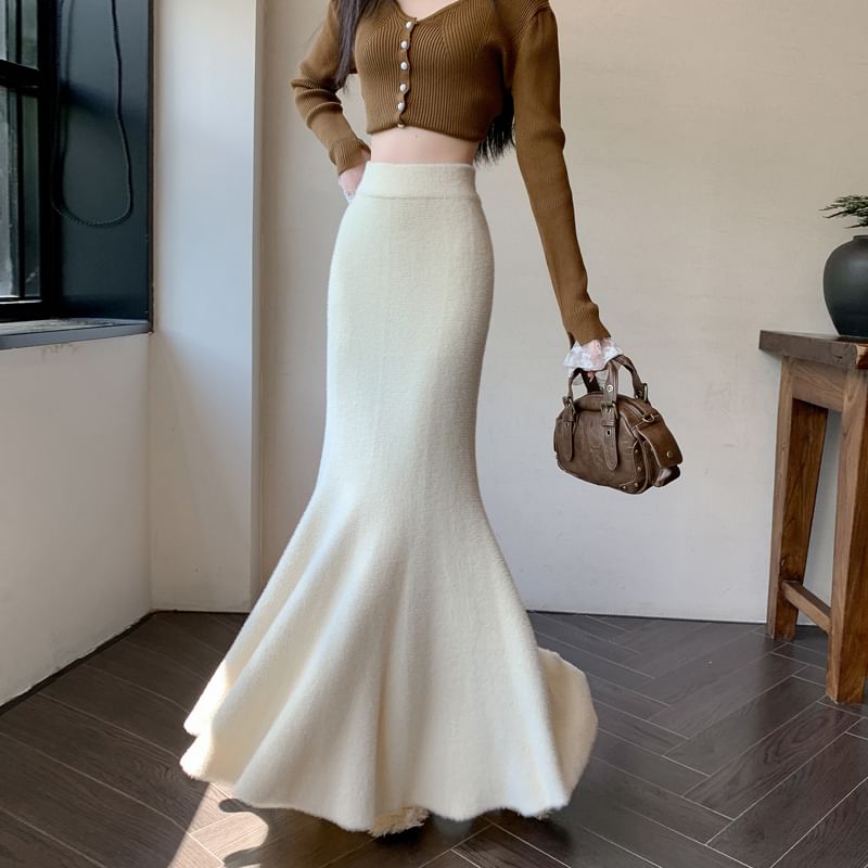 Mermaid Knit Maxi Skirt with High Rise Solid Design