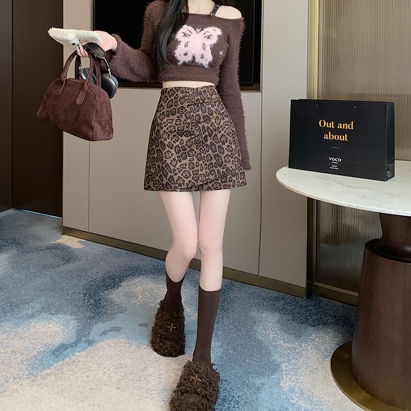 Leopard Print Ruched Asymmetrical Mini Skirt High Waist