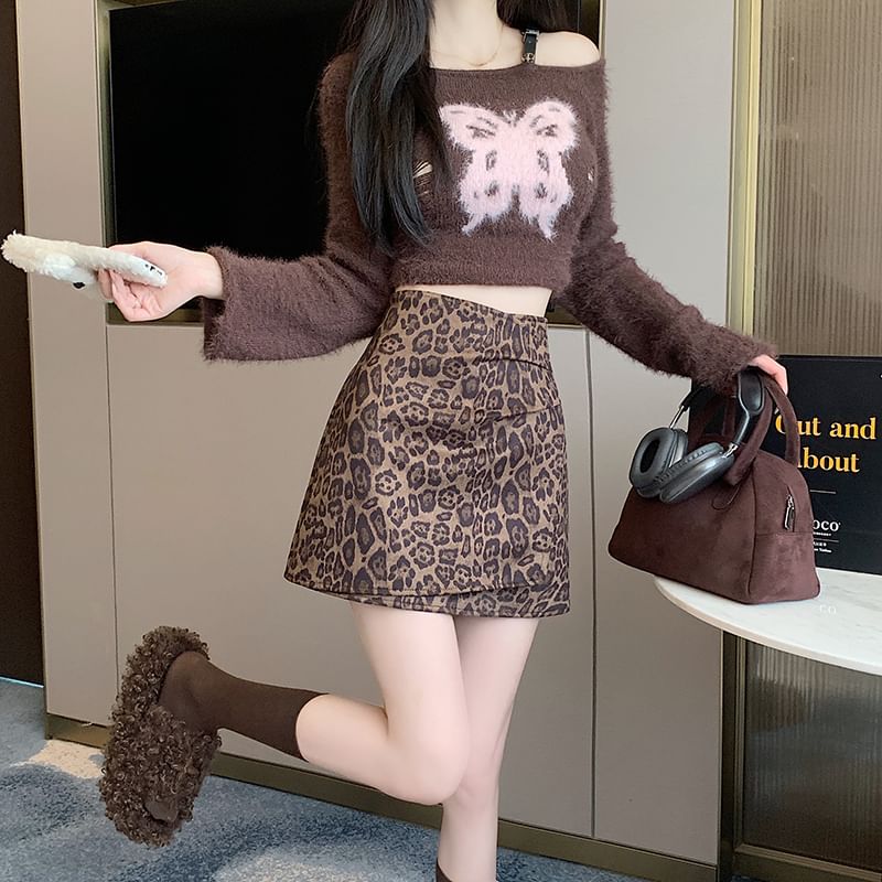 Leopard Print Ruched Asymmetrical Mini Skirt High Waist