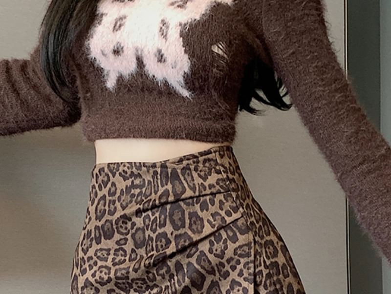Leopard Print Ruched Asymmetrical Mini Skirt High Waist