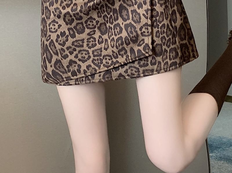 Leopard Print Ruched Asymmetrical Mini Skirt High Waist