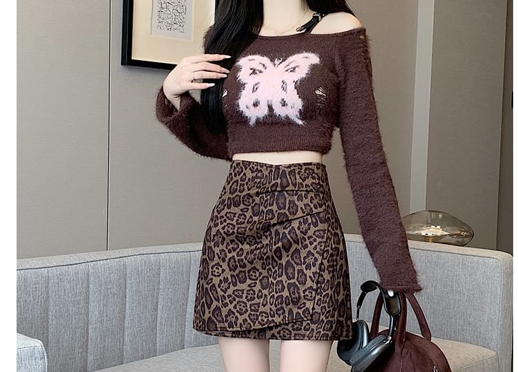Leopard Print Ruched Asymmetrical Mini Skirt High Waist